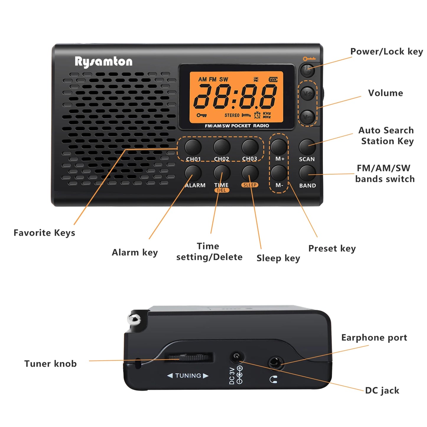 Radio Portátil AM/FM/SW con Reloj, Alarma y Pantalla Digital