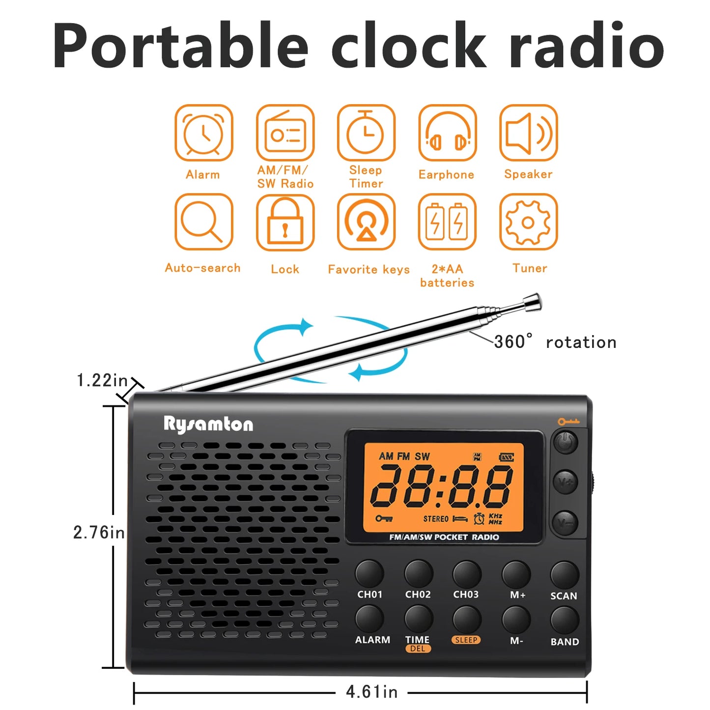 Radio Portátil AM/FM/SW con Reloj, Alarma y Pantalla Digital